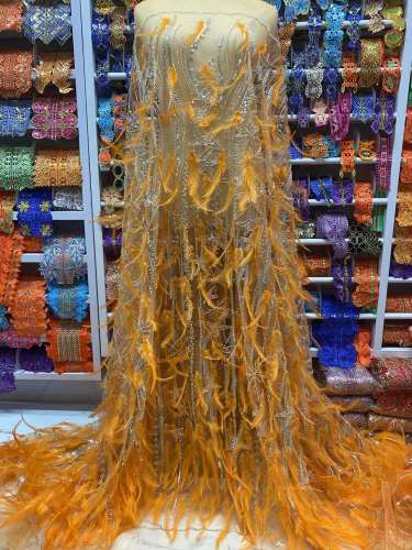 High quality of premium swiss multi color sequins 3d feather lace fabric for wedding dress