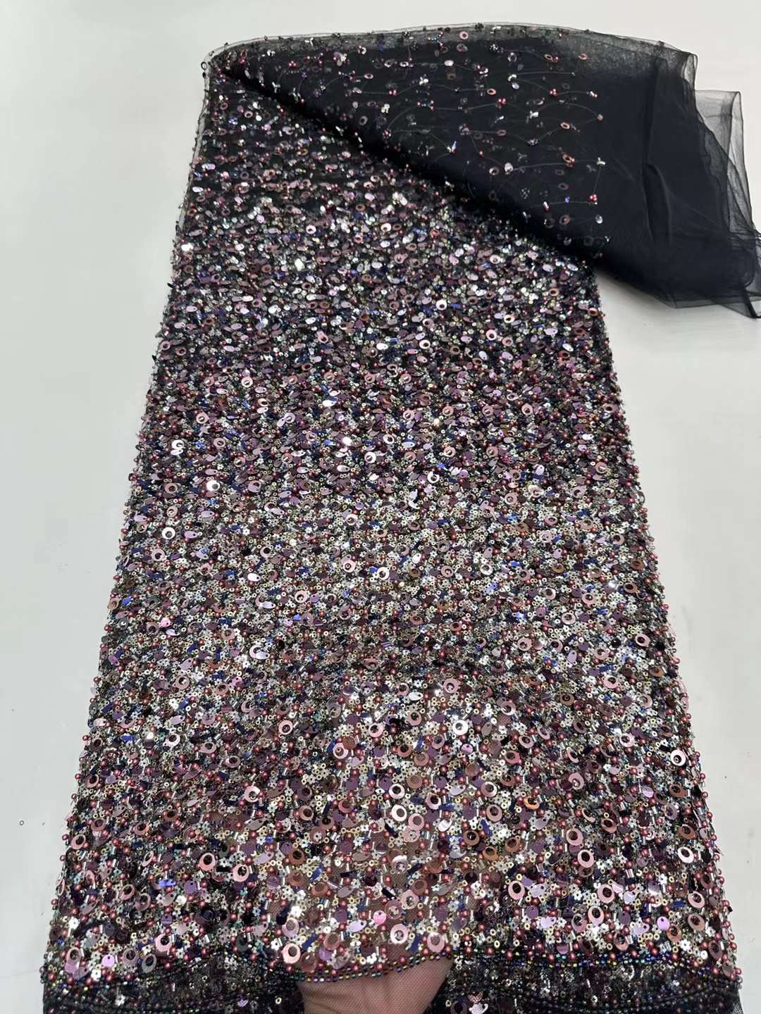 African lace fabric unique polyester mesh with beads and sequins