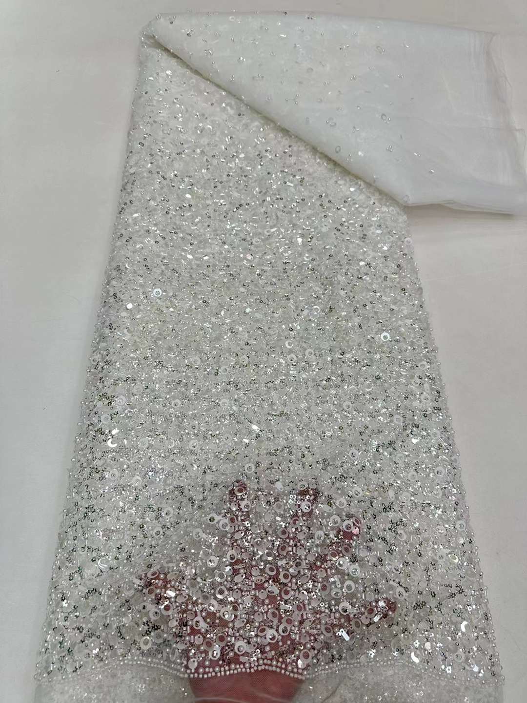 African lace fabric unique polyester mesh with beads and sequins