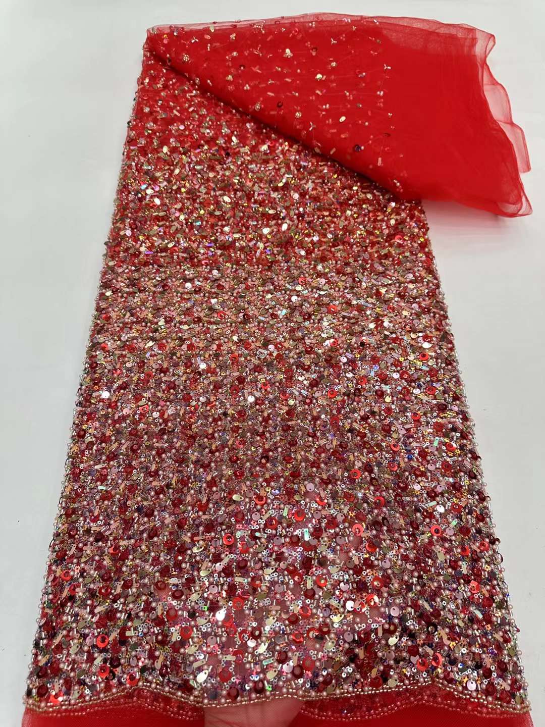 African lace fabric unique polyester mesh with beads and sequins