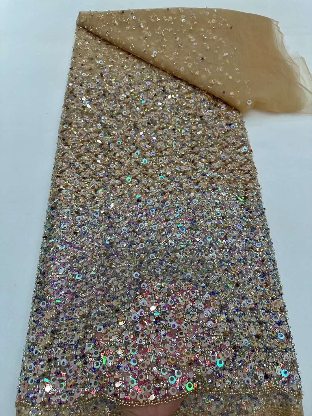 African lace fabric unique polyester mesh with beads and sequins