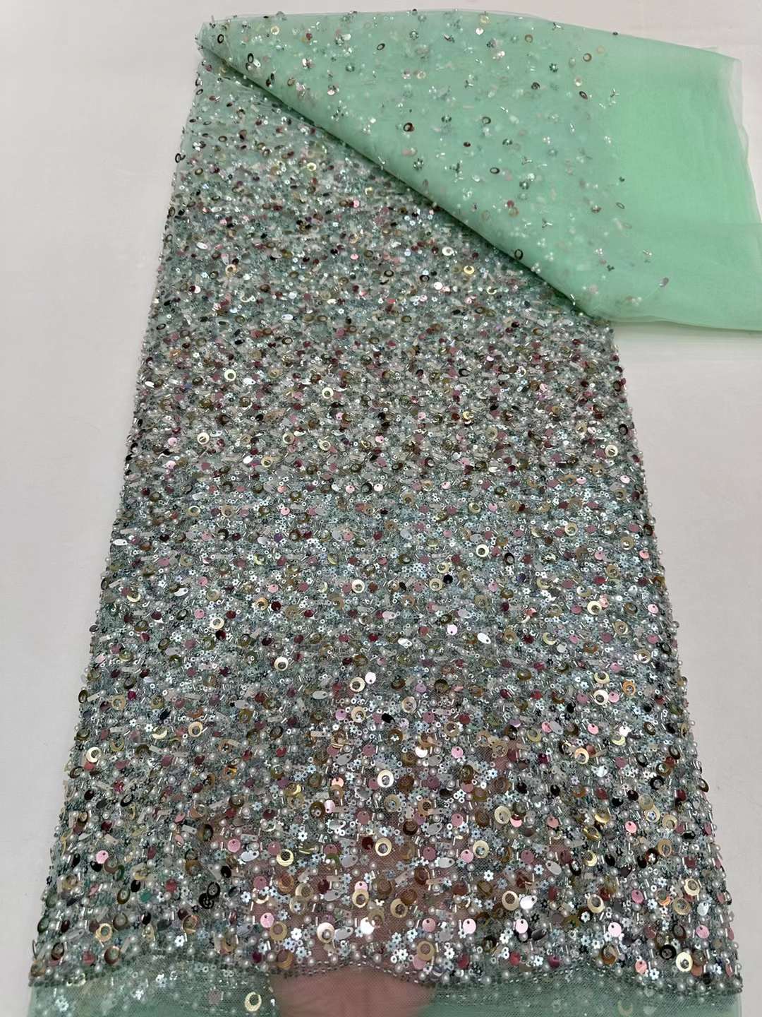 African lace fabric unique polyester mesh with beads and sequins