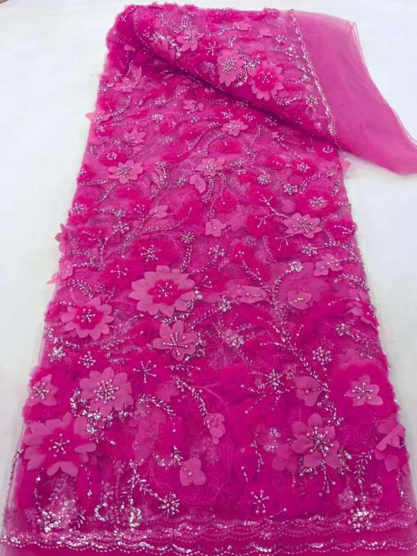 3D flower bridal wedding dress lace fabric with beads and mesh sequins, reasonable price and novel design