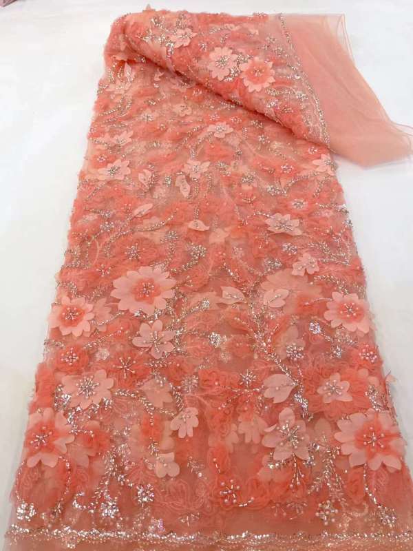 3D flower bridal wedding dress lace fabric with beads and mesh sequins, reasonable price and novel design