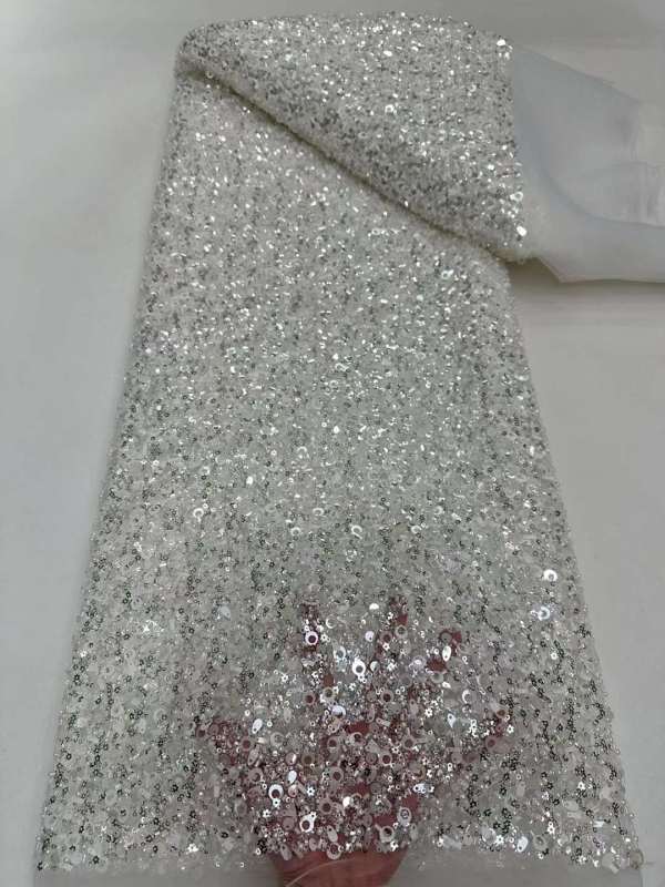 Shiny bridal tulle lace with heavy beads and pearls luxury crystal sequins lace for wedding dress