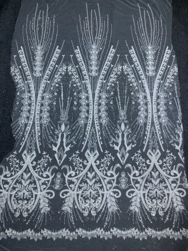 White Beads Sequins Luxury Bridal Lace Fabric Embroidery Designs Beaded Tulle Fabric
