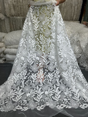 High end 100% polyester white bridal beaded fancy embroidery bridal laces fabrics