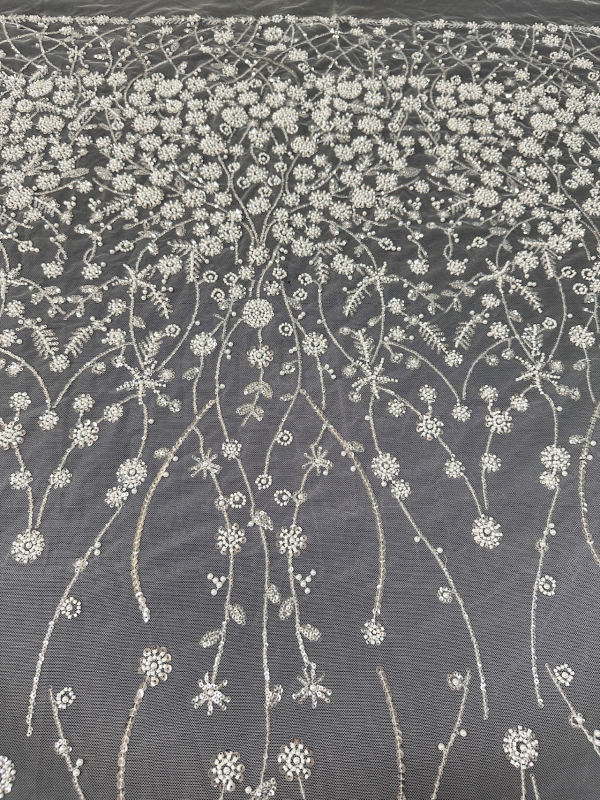 New floral pearl beaded glitter tulle lace fabric for wedding dress