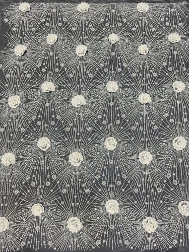 TOP quality White 3D embroidery lace mesh fabric with bead and pearls bridal tulle fabric french beaded lace