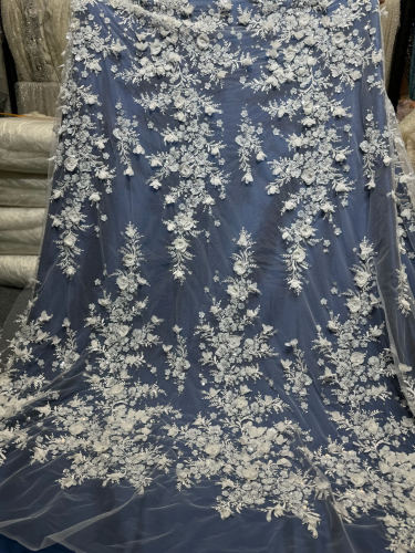High end 100% polyester white bridal beaded fancy embroidery bridal laces fabrics