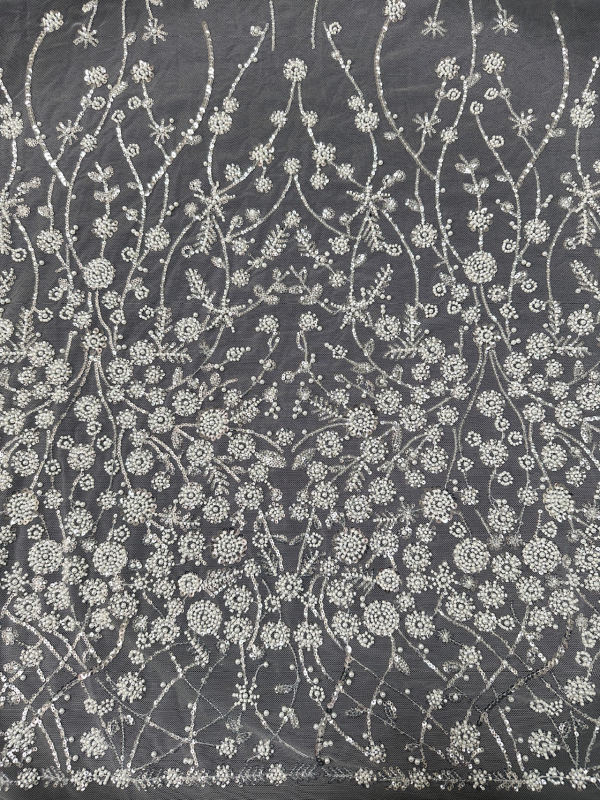 New floral pearl beaded glitter tulle lace fabric for wedding dress