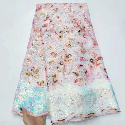 Wholesale Africa sequin textile fabric beaded lace for wedding dress