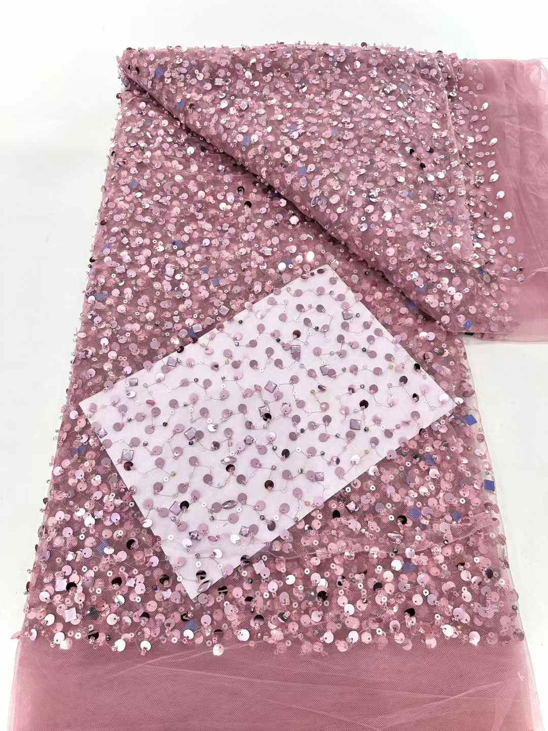 Affordable high quality lace fabric with beads pearls and sequins wedding dress lace fabric