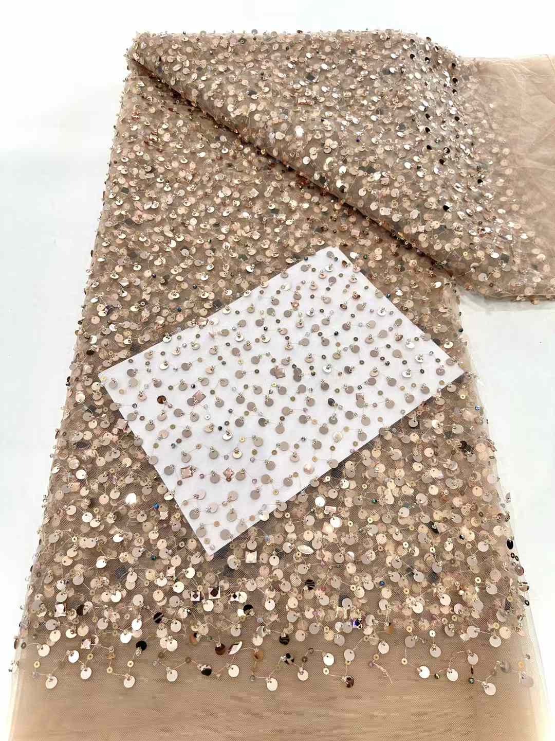 Affordable high quality lace fabric with beads pearls and sequins wedding dress lace fabric