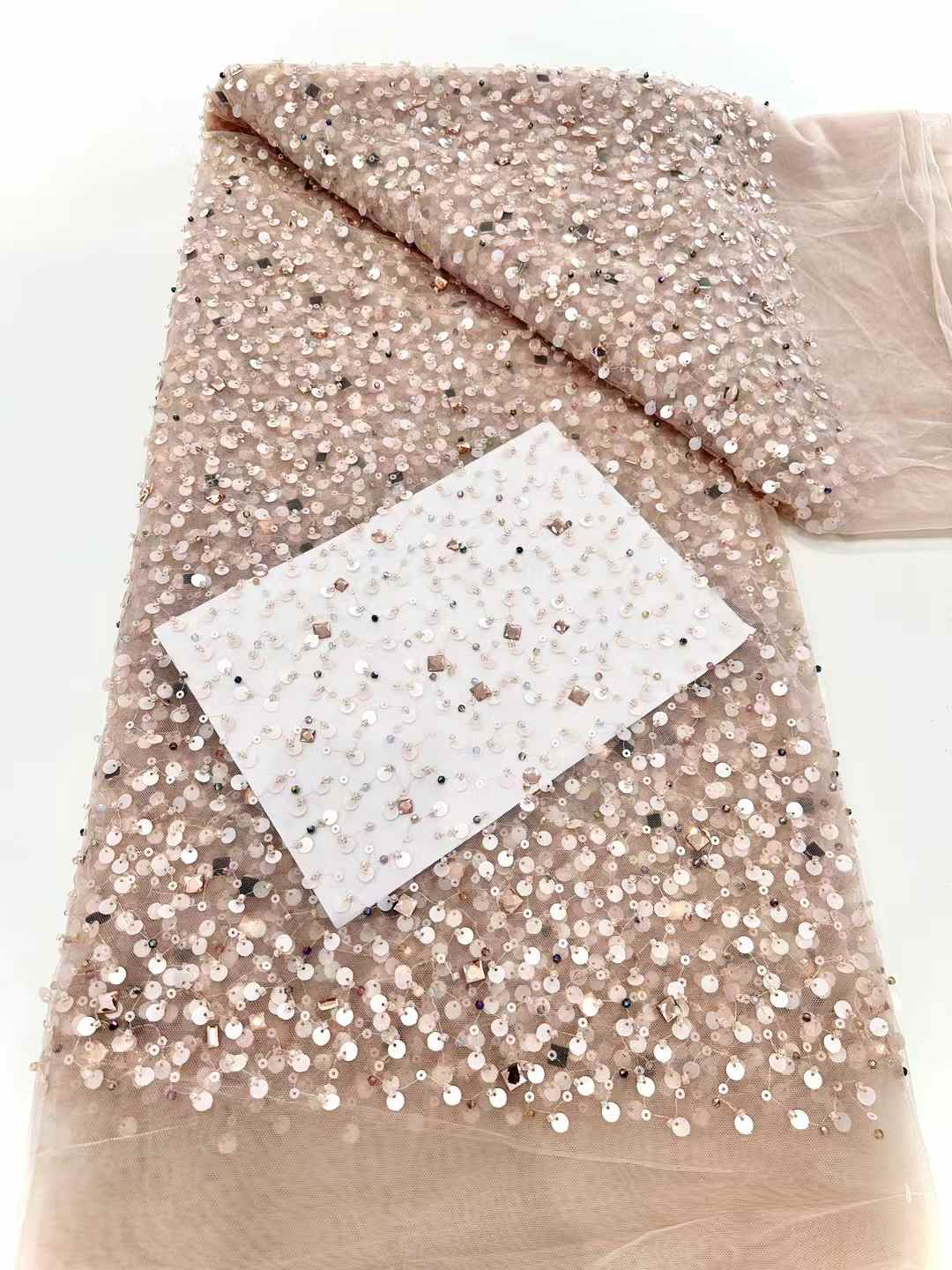 Affordable high quality lace fabric with beads pearls and sequins wedding dress lace fabric
