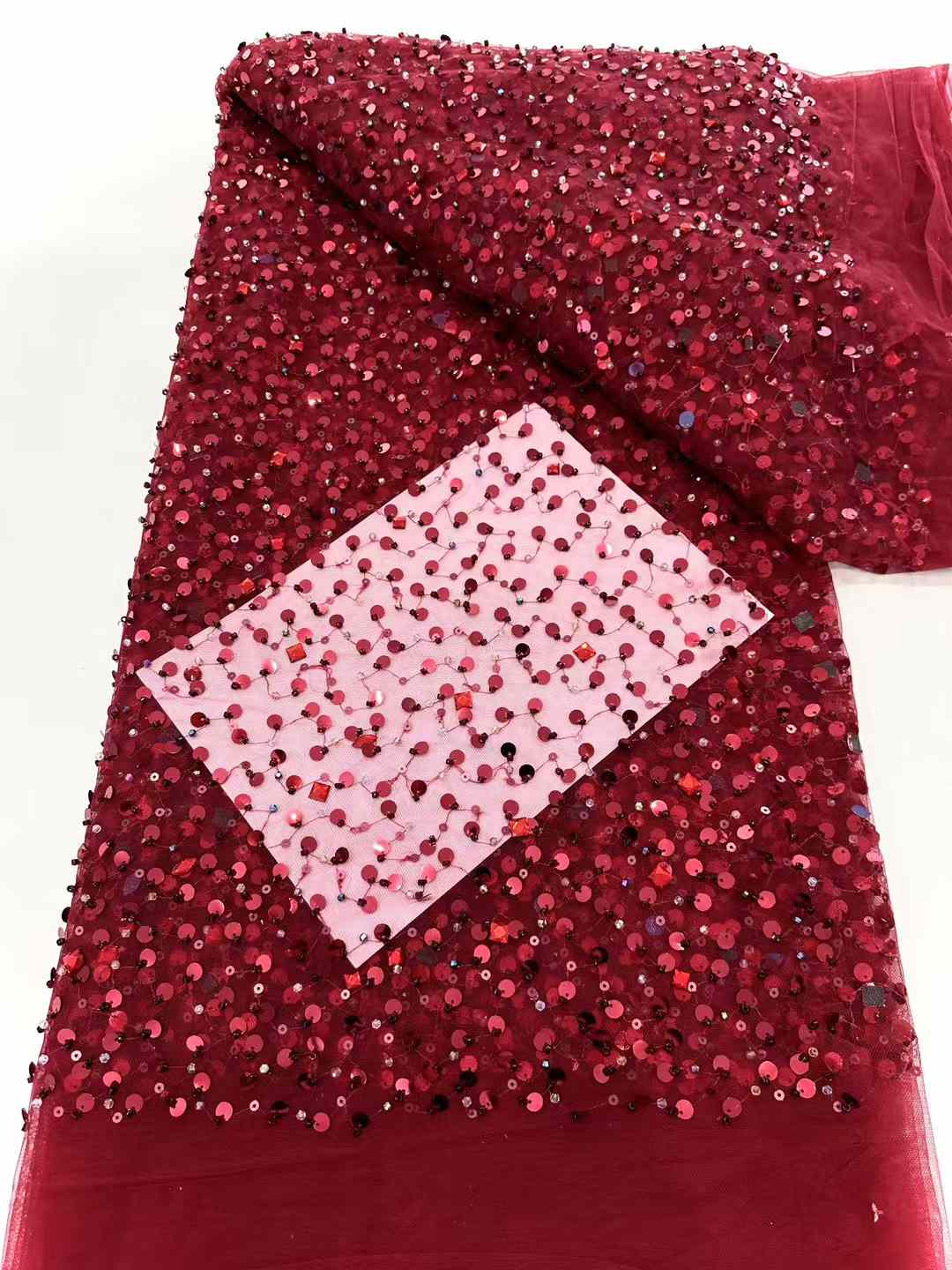 Affordable high quality lace fabric with beads pearls and sequins wedding dress lace fabric
