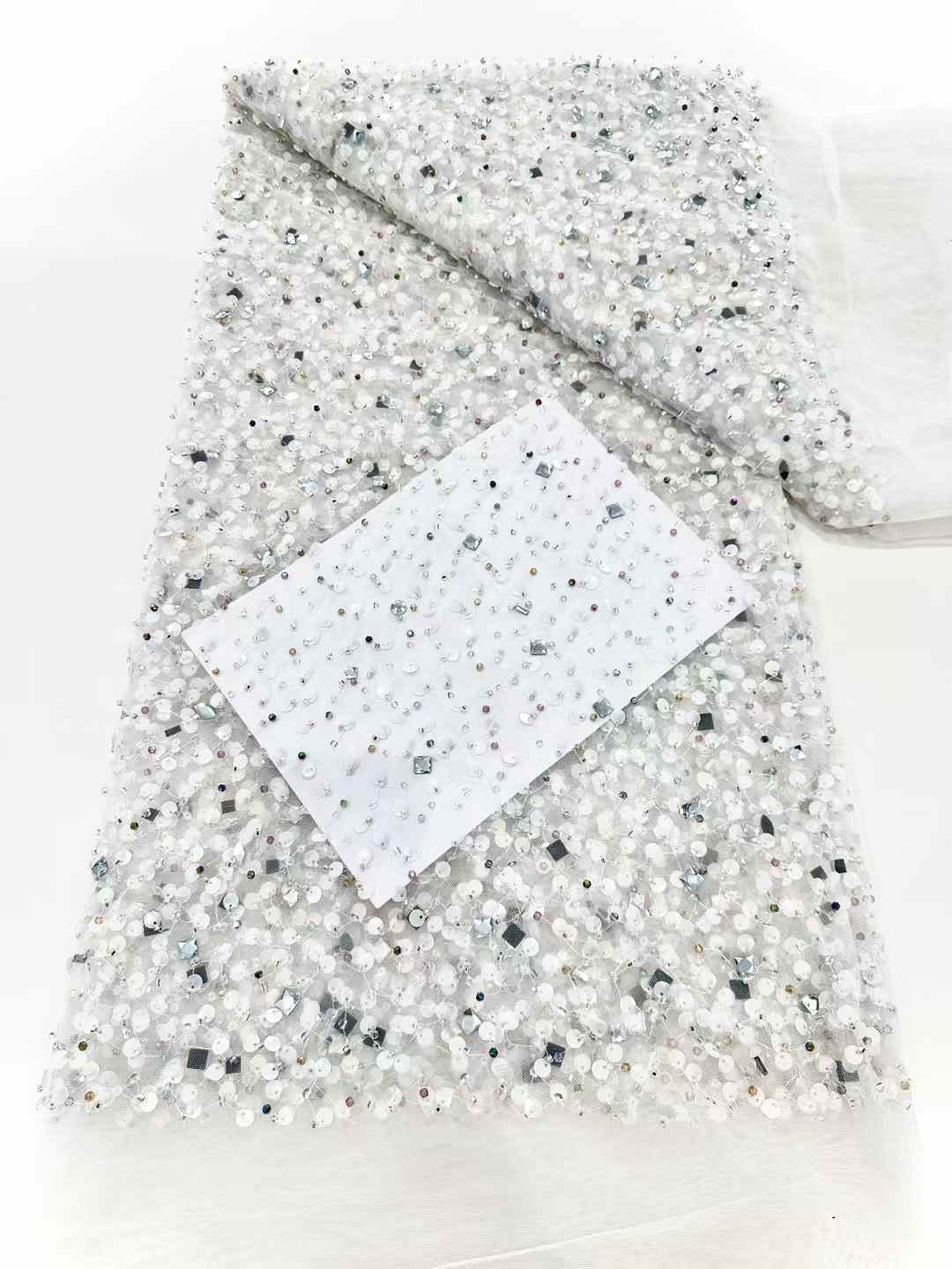 Affordable high quality lace fabric with beads pearls and sequins wedding dress lace fabric