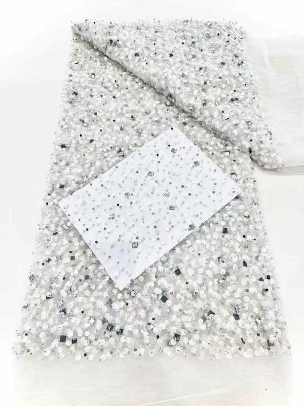 Affordable high quality lace fabric with beads pearls and sequins wedding dress lace fabric
