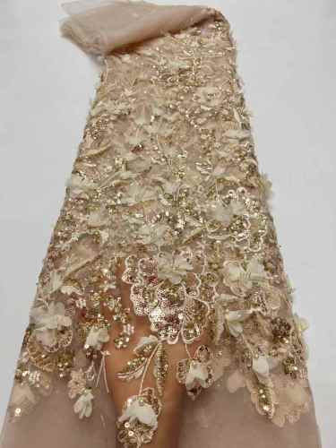 Affordable high quality lace fabric with beads pearls and sequins wedding dress lace fabric