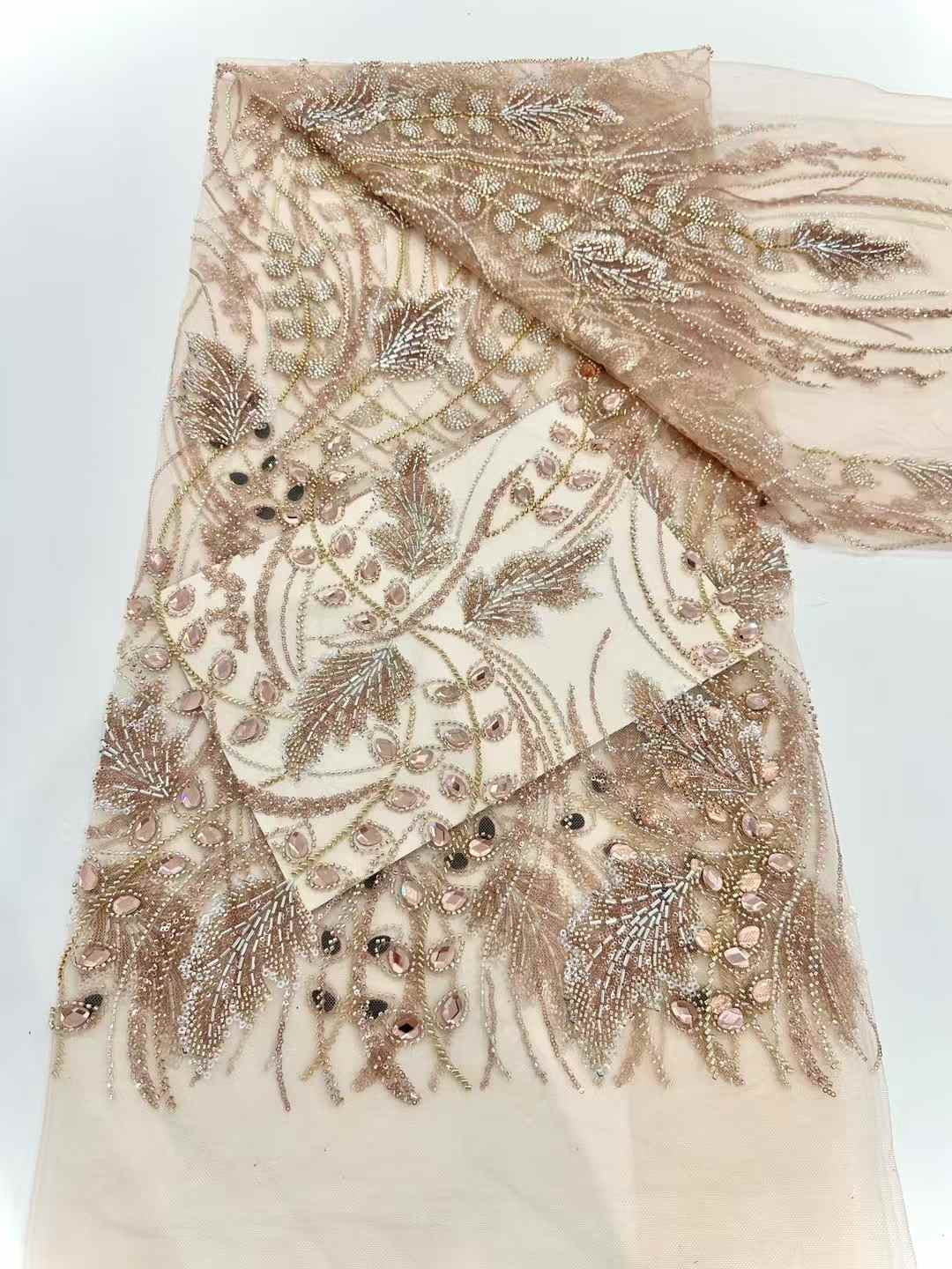 Affordable high quality lace fabric with beads pearls and sequins wedding dress lace fabric