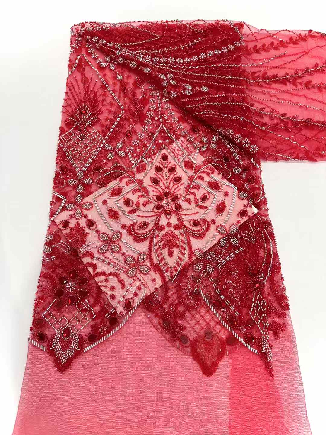 Affordable high quality lace fabric with beads pearls and sequins wedding dress lace fabric