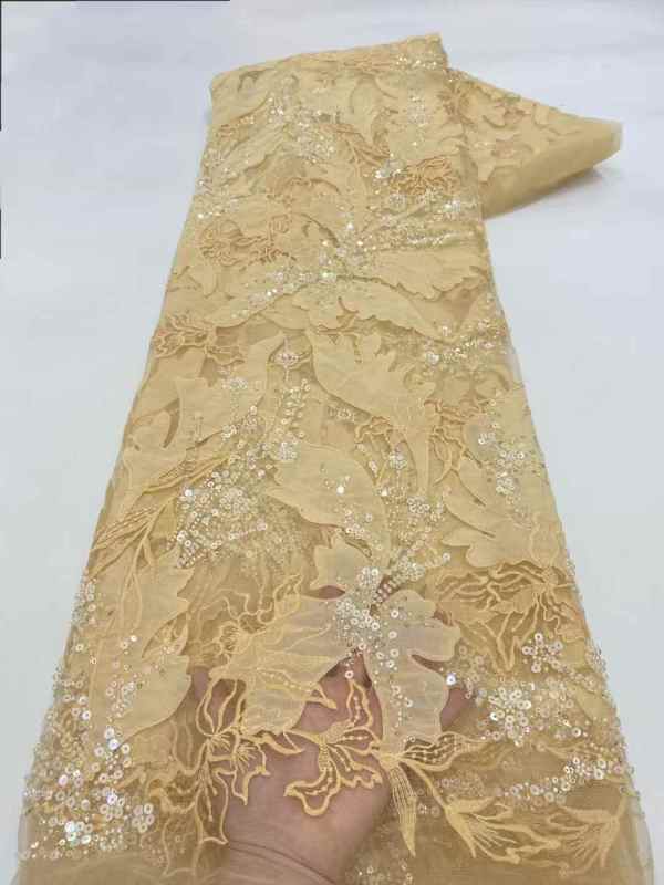 Affordable high quality lace fabric with beads pearls and sequins wedding dress lace fabric