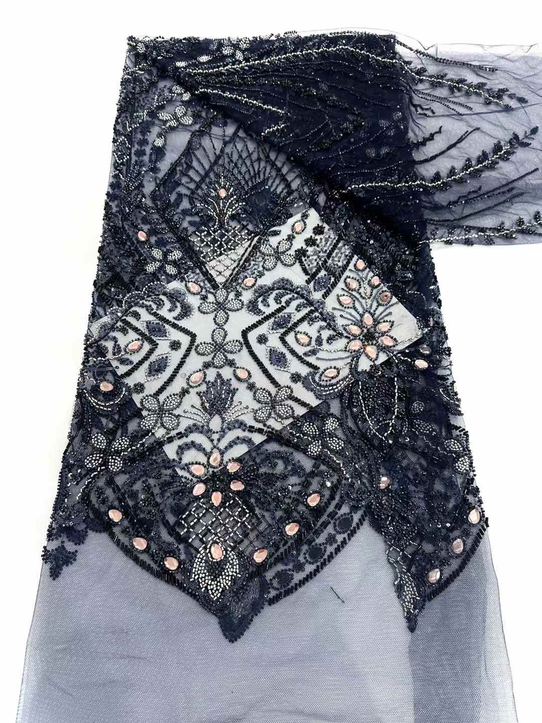 Affordable high quality lace fabric with beads pearls and sequins wedding dress lace fabric