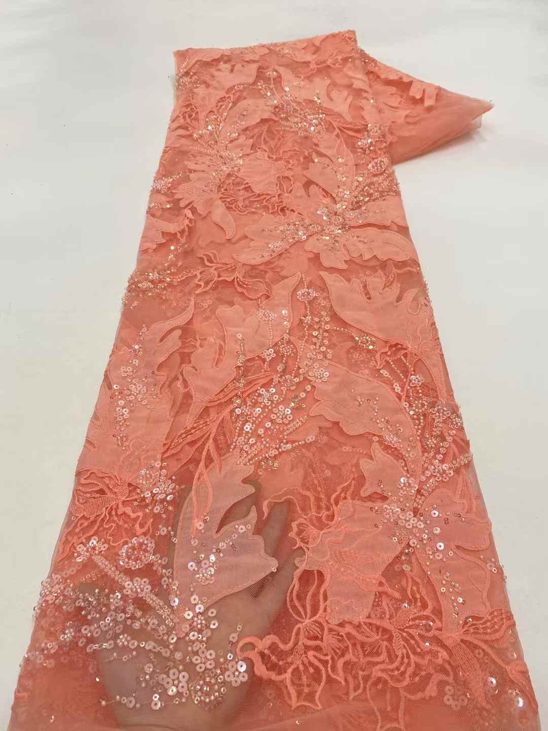 Affordable high quality lace fabric with beads pearls and sequins wedding dress lace fabric