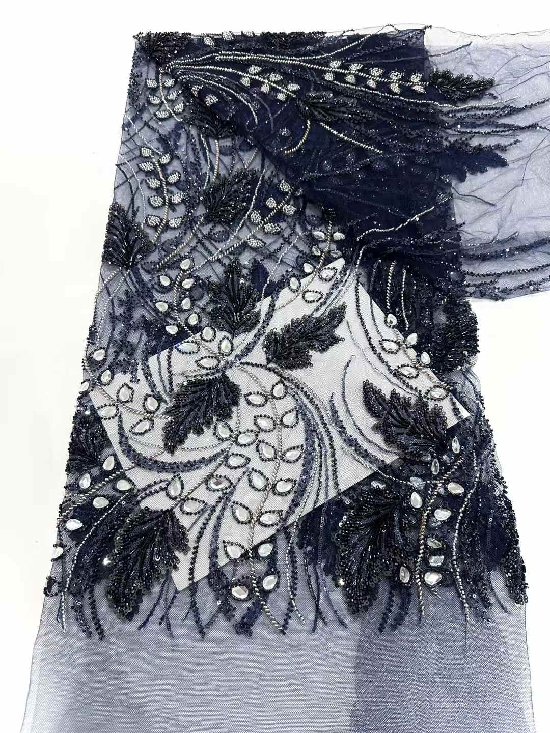 Affordable high quality lace fabric with beads pearls and sequins wedding dress lace fabric