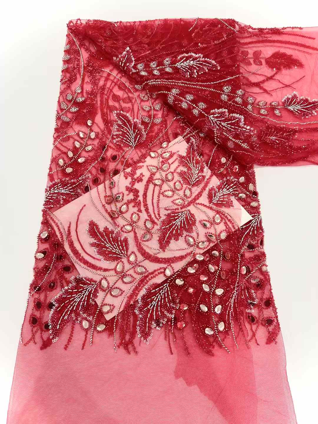Affordable high quality lace fabric with beads pearls and sequins wedding dress lace fabric