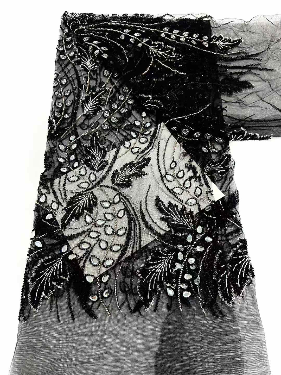 Affordable high quality lace fabric with beads pearls and sequins wedding dress lace fabric
