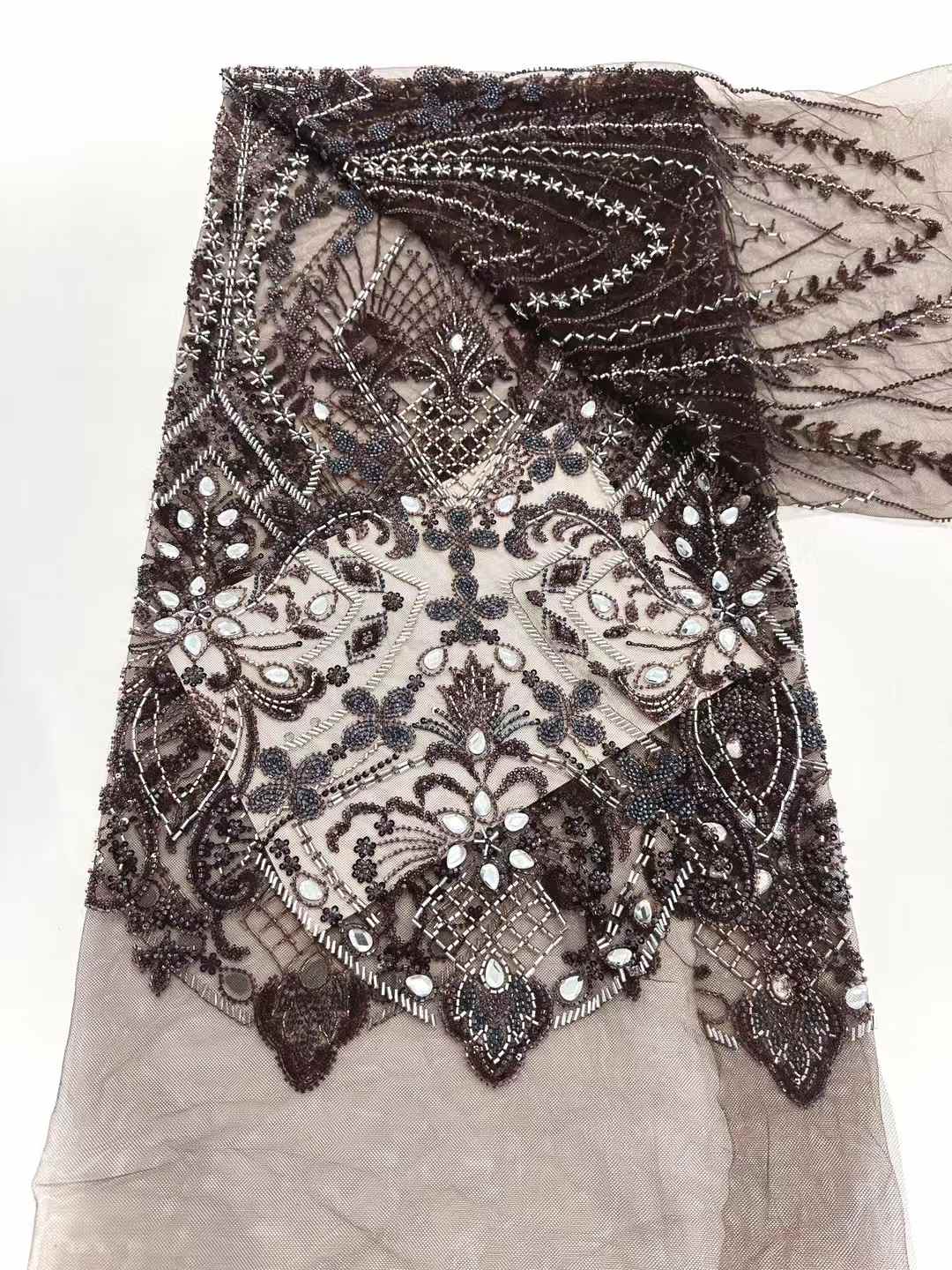 Affordable high quality lace fabric with beads pearls and sequins wedding dress lace fabric