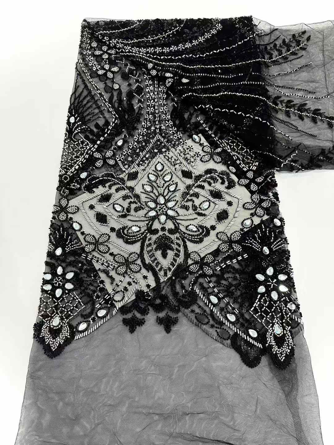 Affordable high quality lace fabric with beads pearls and sequins wedding dress lace fabric