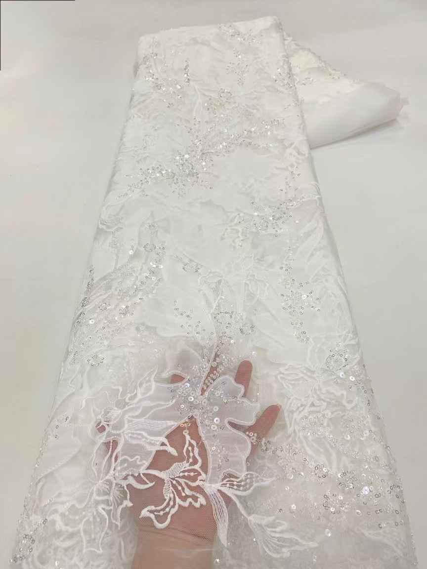 Affordable high quality lace fabric with beads pearls and sequins wedding dress lace fabric