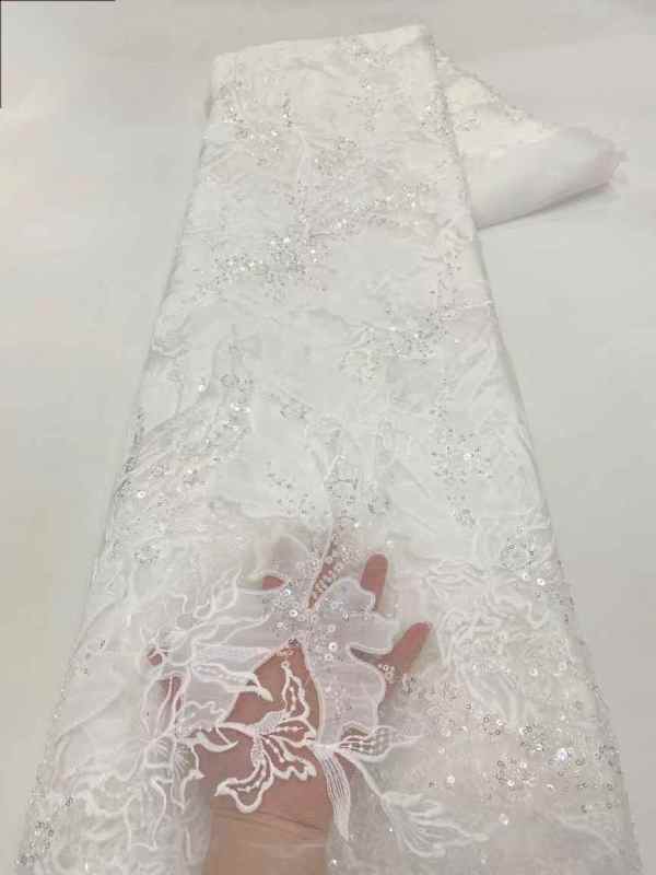 Affordable high quality lace fabric with beads pearls and sequins wedding dress lace fabric
