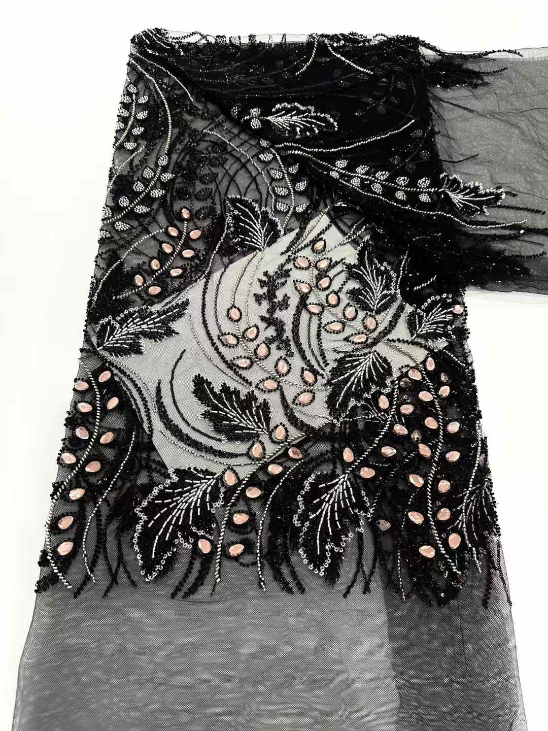 Affordable high quality lace fabric with beads pearls and sequins wedding dress lace fabric