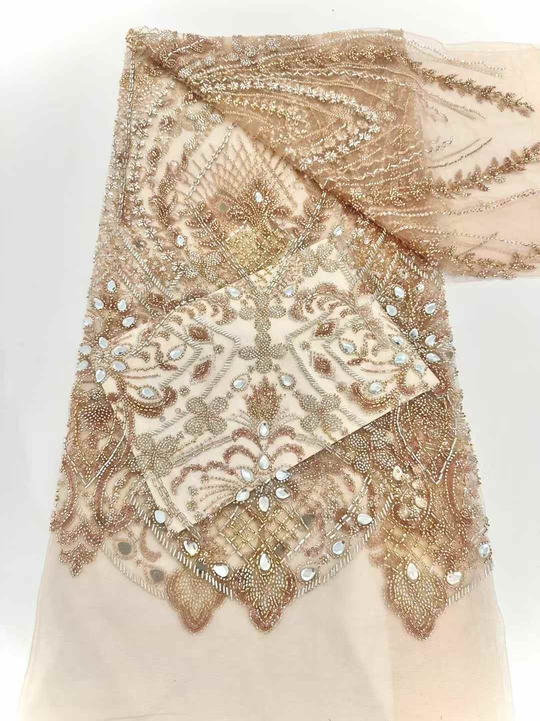 Affordable high quality lace fabric with beads pearls and sequins wedding dress lace fabric