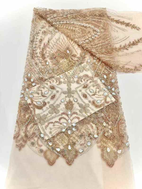 Affordable high quality lace fabric with beads pearls and sequins wedding dress lace fabric