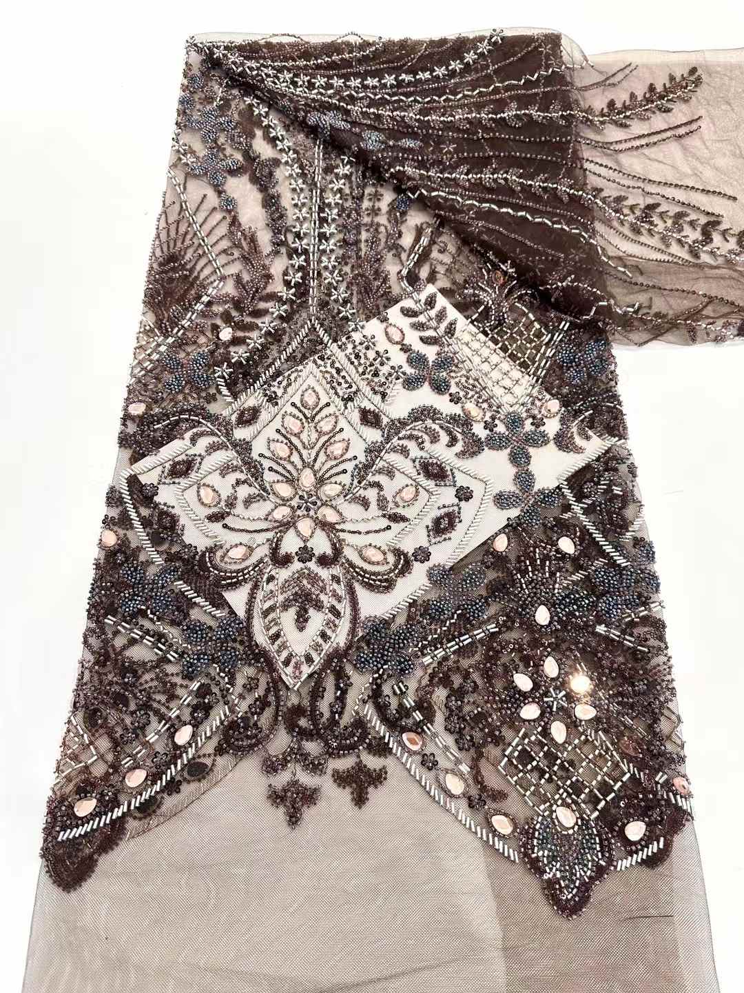 Affordable high quality lace fabric with beads pearls and sequins wedding dress lace fabric