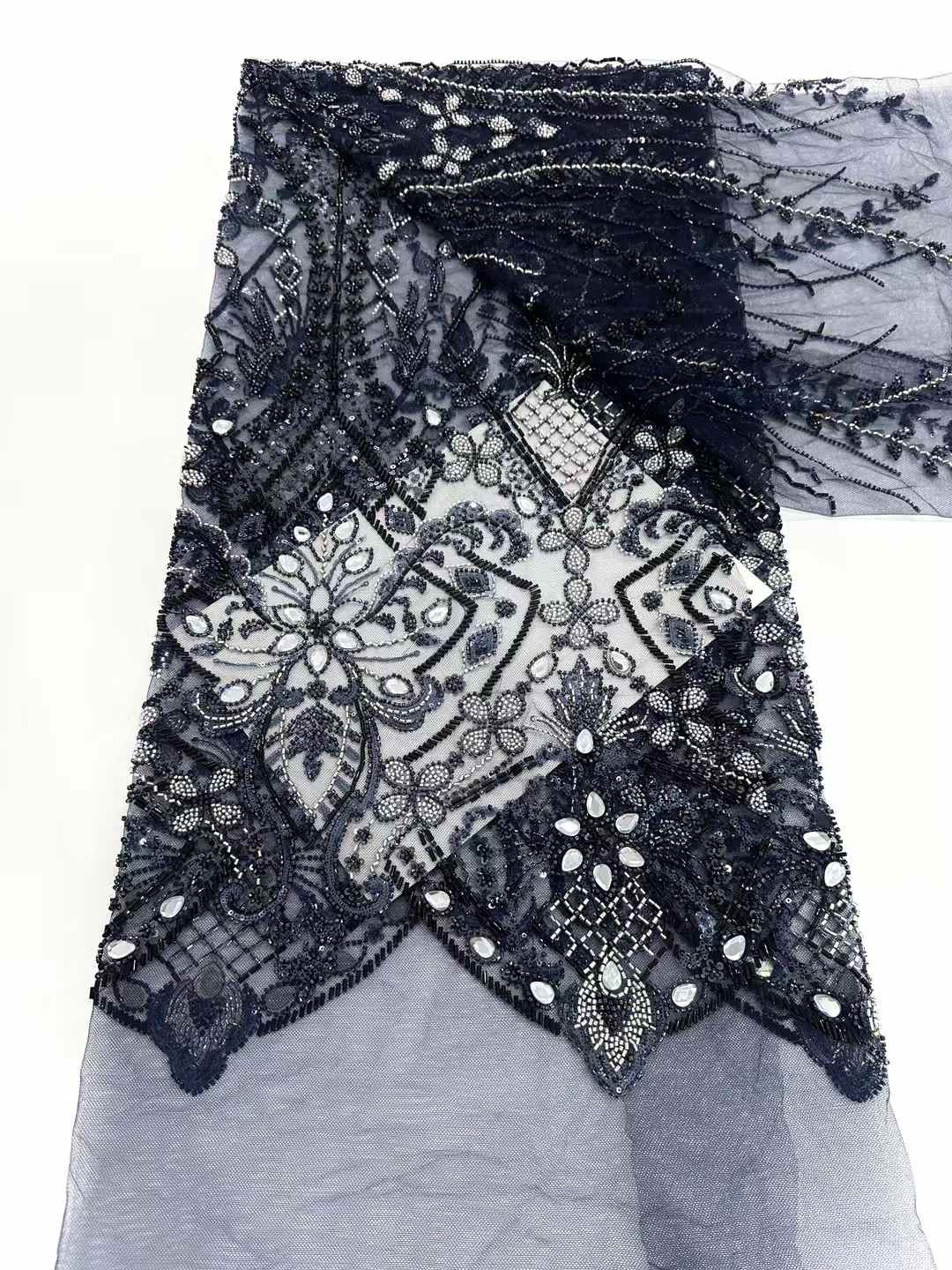 Affordable high quality lace fabric with beads pearls and sequins wedding dress lace fabric