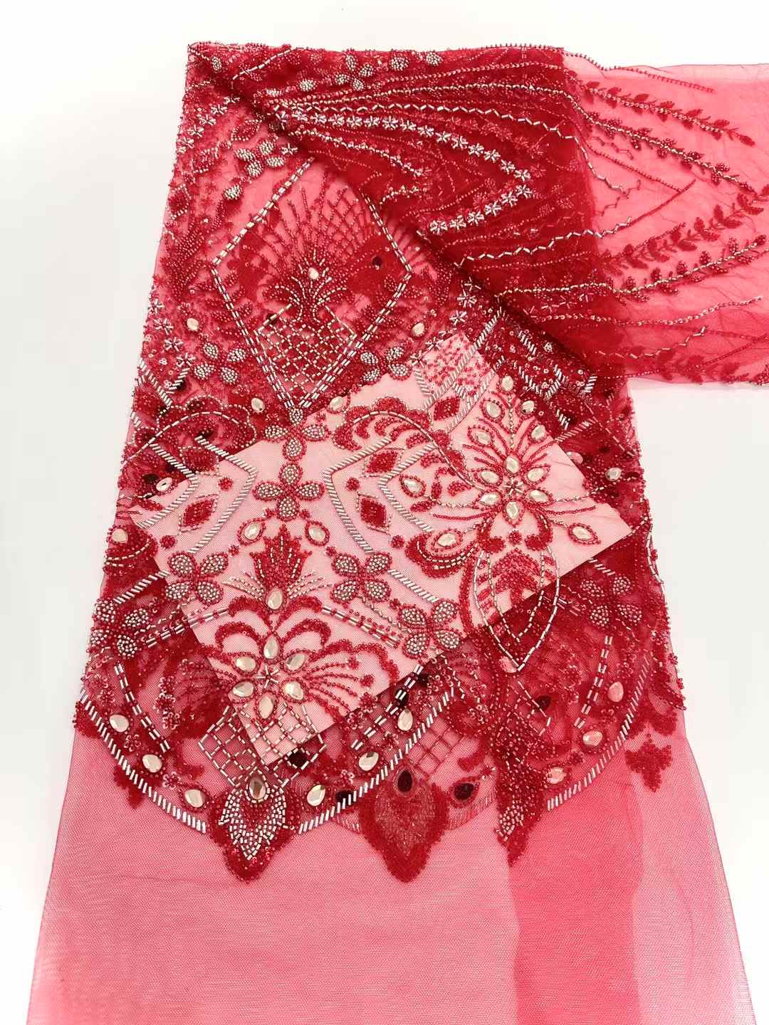 Affordable high quality lace fabric with beads pearls and sequins wedding dress lace fabric