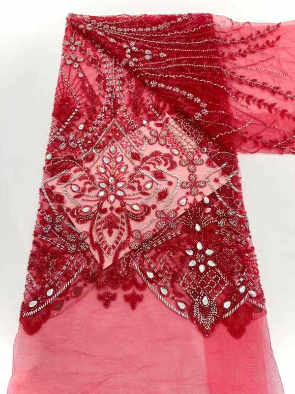 Affordable high quality lace fabric with beads pearls and sequins wedding dress lace fabric