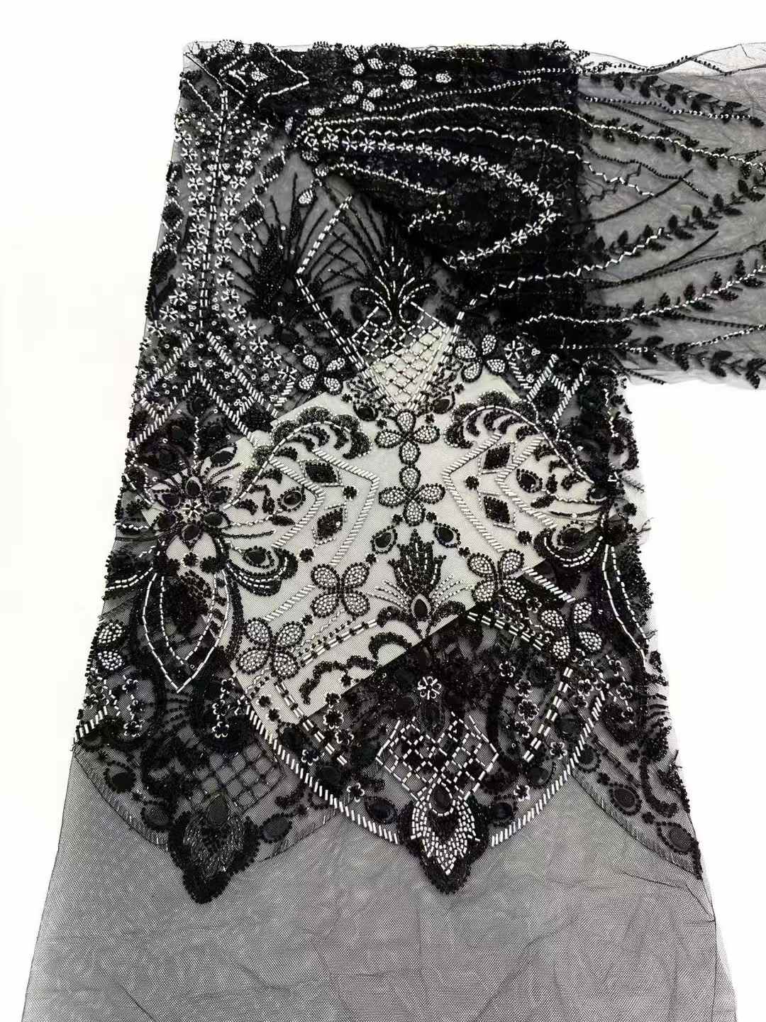 Affordable high quality lace fabric with beads pearls and sequins wedding dress lace fabric