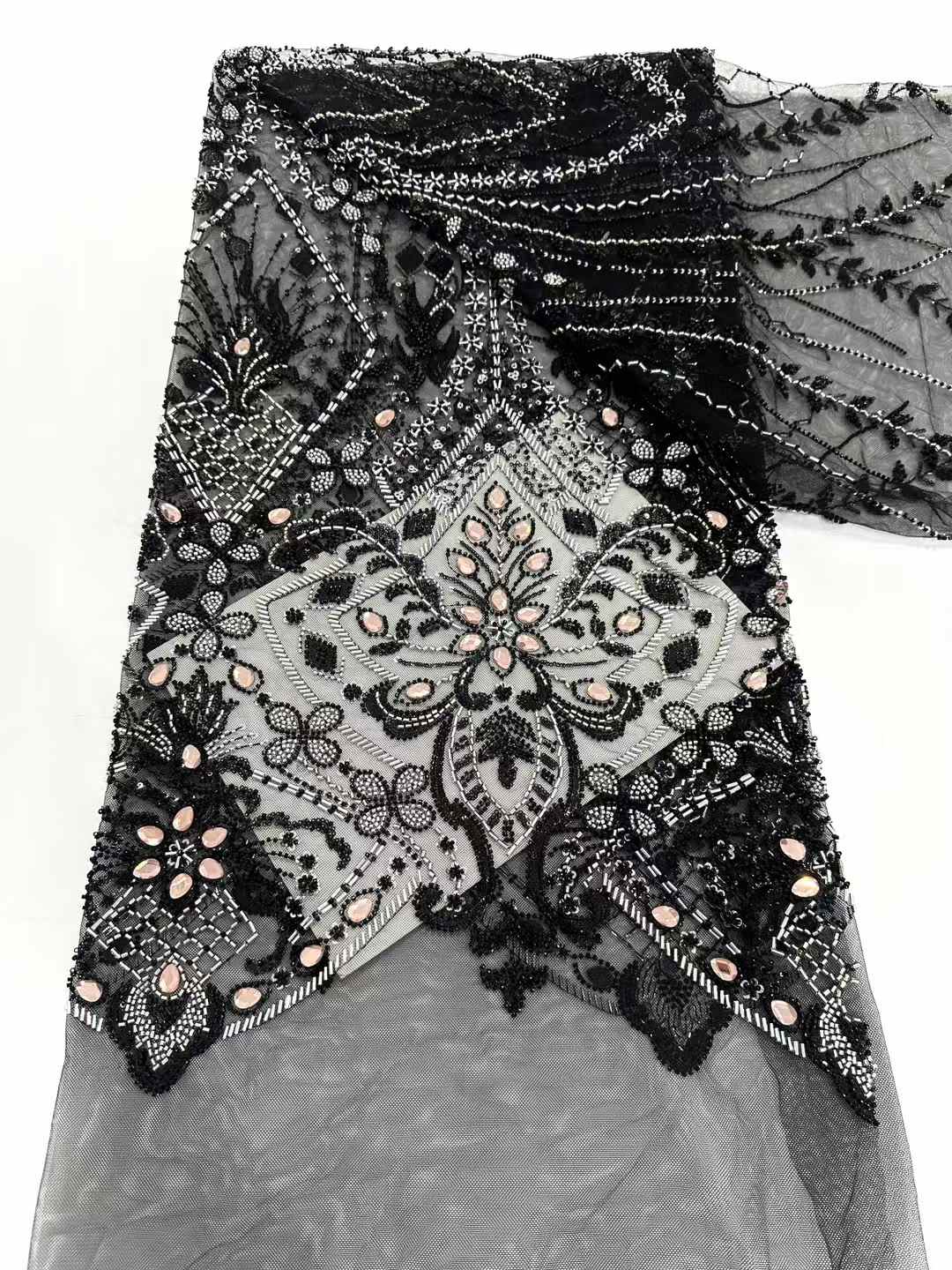 Affordable high quality lace fabric with beads pearls and sequins wedding dress lace fabric