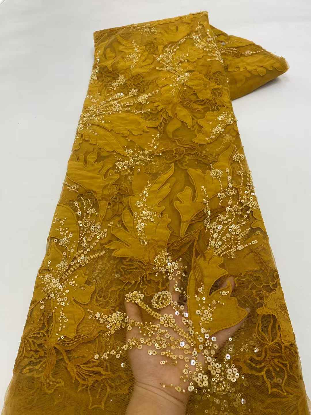 Affordable high quality lace fabric with beads pearls and sequins wedding dress lace fabric