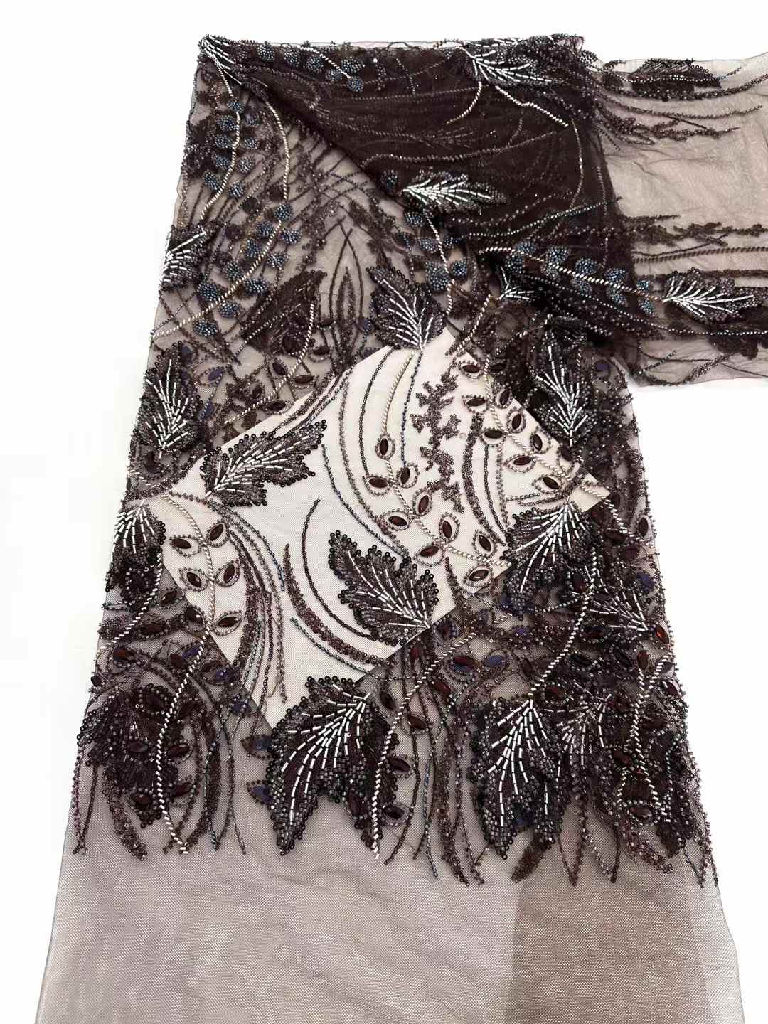Affordable high quality lace fabric with beads pearls and sequins wedding dress lace fabric