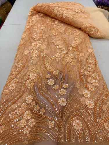 Affordable high quality lace fabric with beads pearls and sequins wedding dress lace fabric