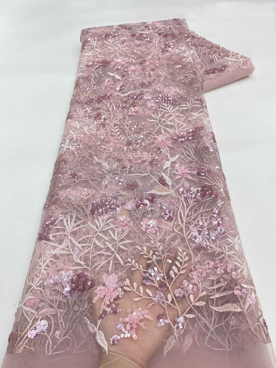 Affordable high quality lace fabric with beads pearls and sequins wedding dress lace fabric