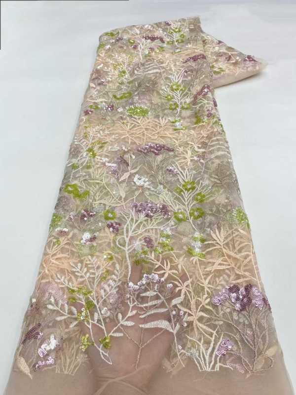 Affordable high quality lace fabric with beads pearls and sequins wedding dress lace fabric