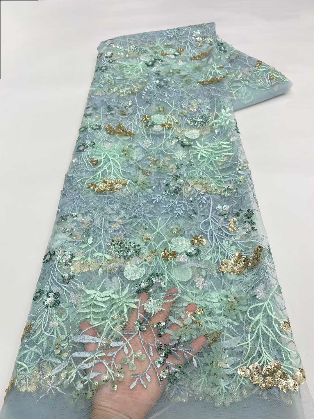 Affordable high quality lace fabric with beads pearls and sequins wedding dress lace fabric